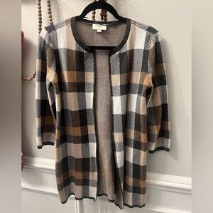 LOFT Plaid Open-Front Cardigan Sweater in Black, White, Tan